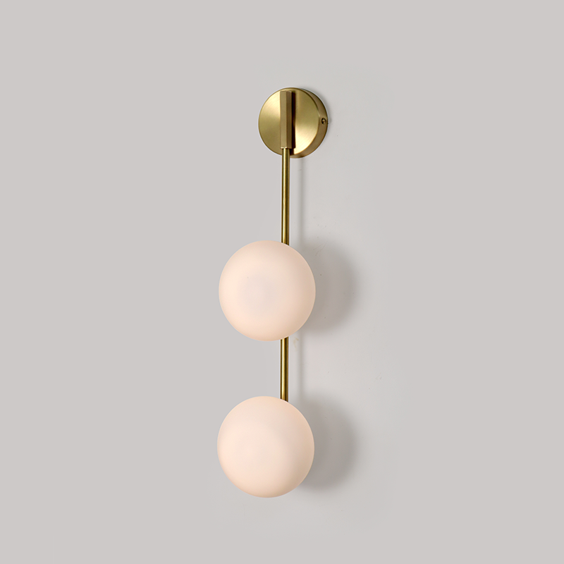 closer look of Link Wall Sconce, singular arm with two glass globes