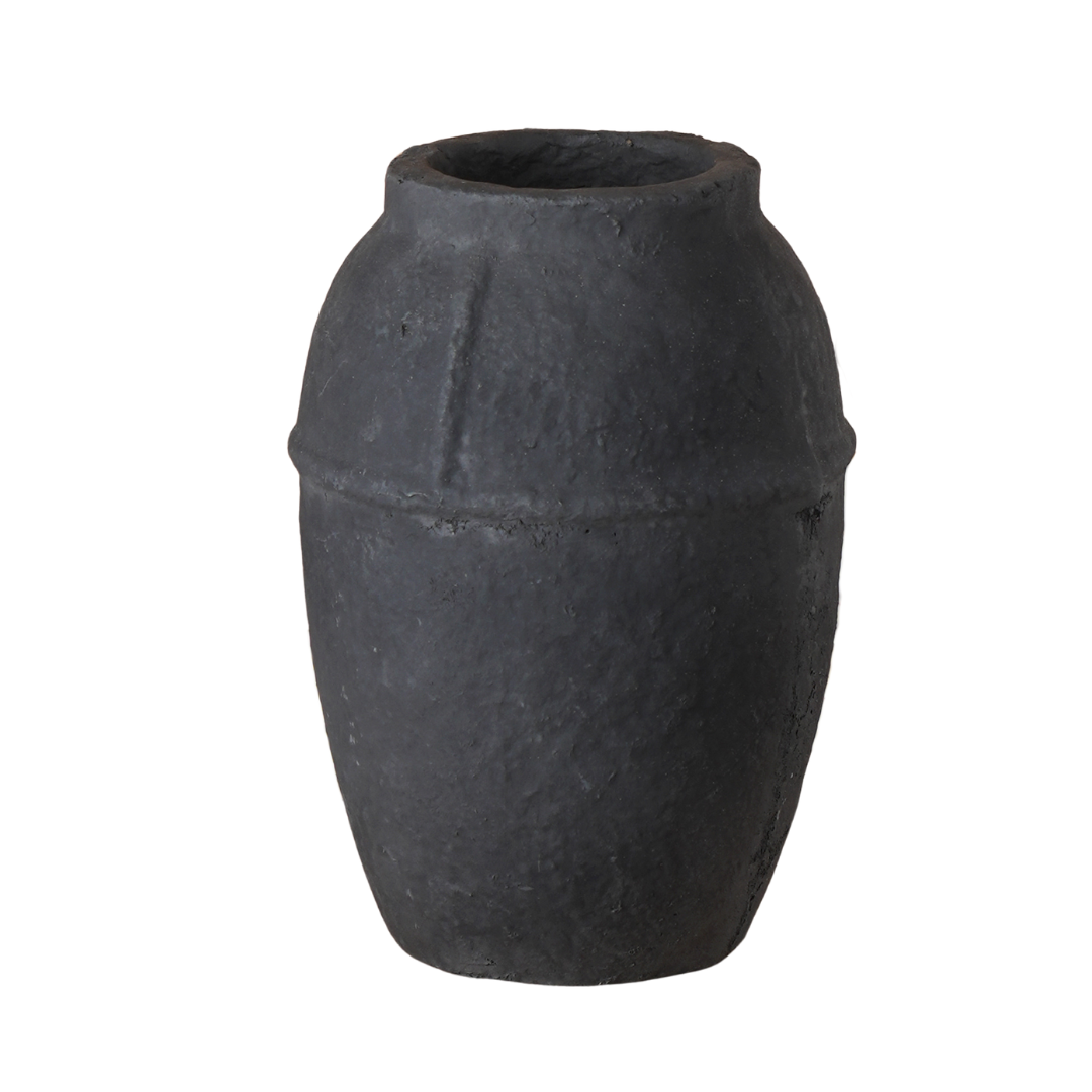 A black paper mache vase with a minimal shape, suitable for indoor decoration.