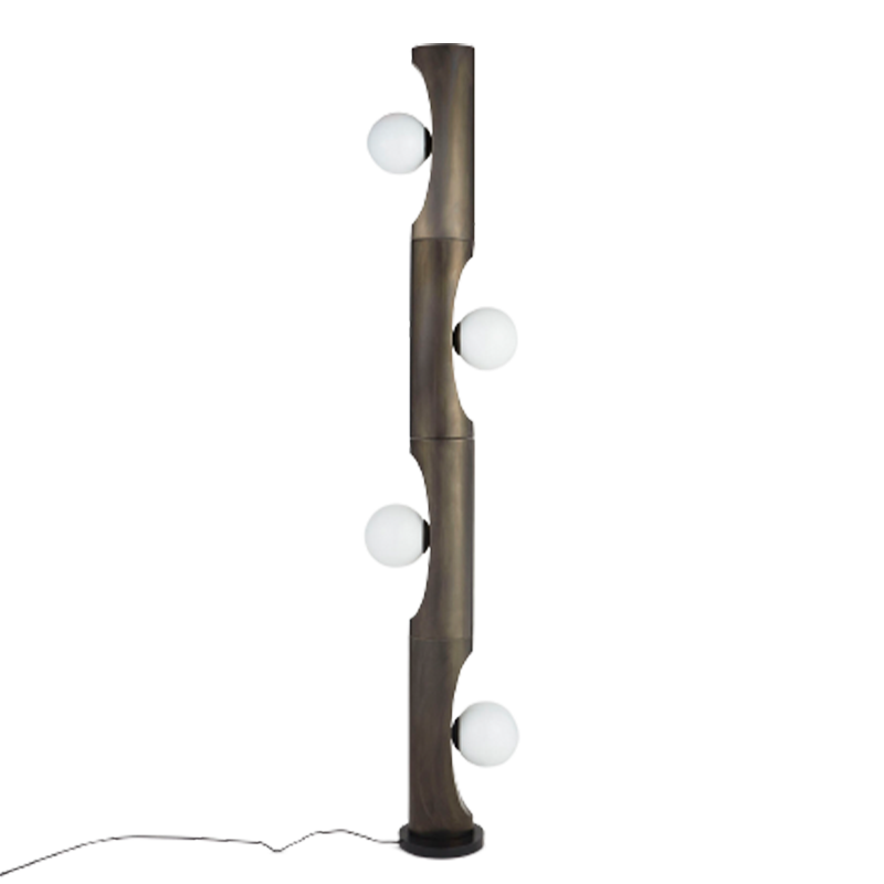 A floor lamp with a black plated steel base and opal glass globe lights.
