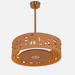 Round Chandelier hanging from a ceiling made of terracotta & stainless steel