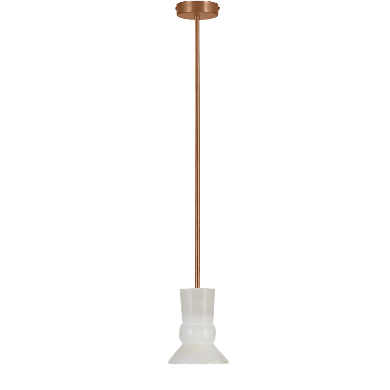 A hanging pendant light with a white alabaster shade and a rose gold-colored metal stem.