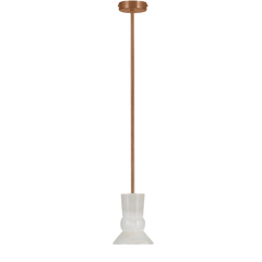 A hanging pendant light with a white alabaster shade and a rose gold-colored metal stem.