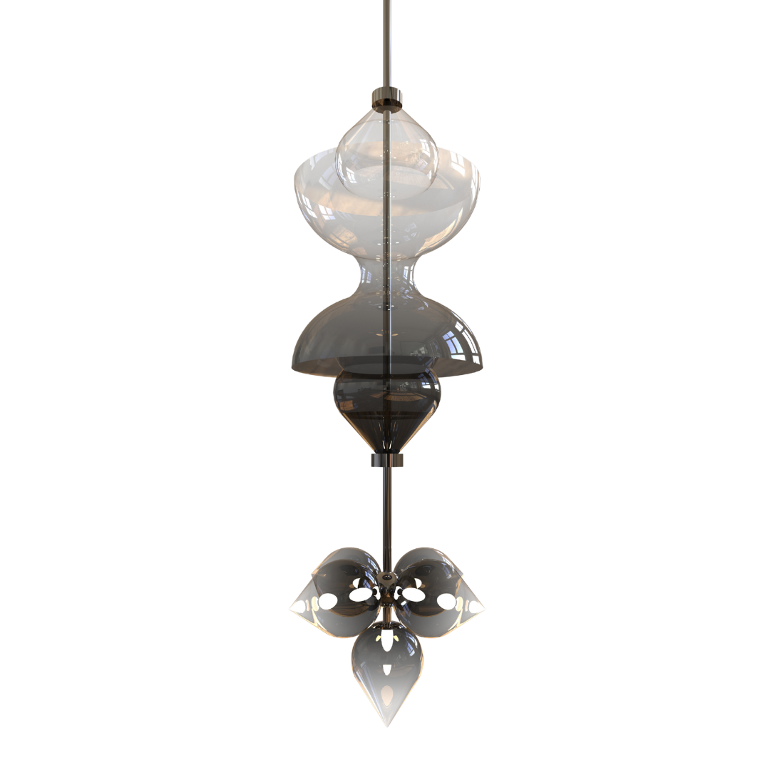 A pendant light fixture with a metallic frame and glass components, having a sleek and modern design.