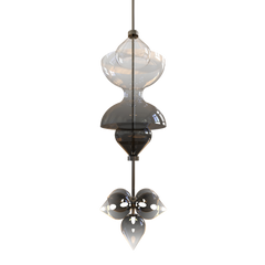 A pendant light fixture with a metallic frame and glass components, having a sleek and modern design.