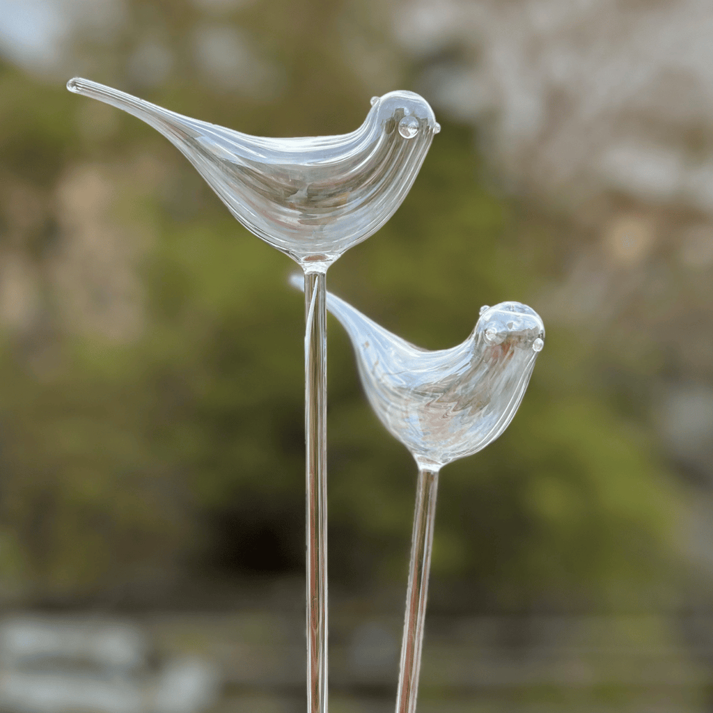 Glass bird sculpture duo, clear fluted design, perched on tall stands