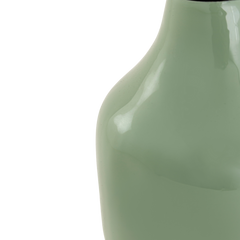 A green, iron Cahabon vase with a smooth finish and mid-century angles.