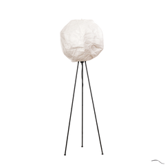 A unique floor lamp with a tripod base and a spherical lampshade, predominantly in black color with a white shade.