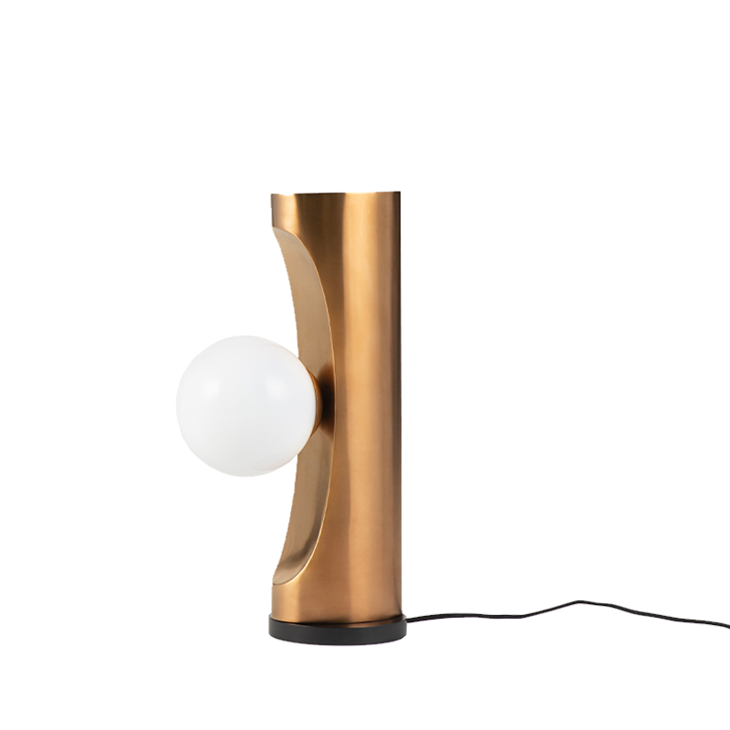 A rose gold table lamp with a unique design, featuring a spherical light source and a metallic finish.