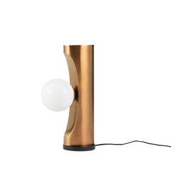A rose gold table lamp with a unique design, featuring a spherical light source and a metallic finish.
