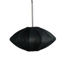 A black and silver geometric patterned pendant lamp with a metallic stem and a spherical fabric shade.