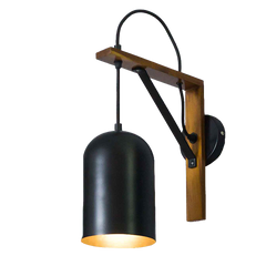 A black metal wall-mounted light fixture with a teak wood loft-style stand, designed in a modern loft apartment style.