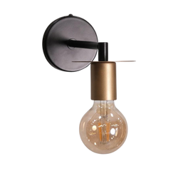 A modern industrial wall light with a sleek black arm and round base, featuring a golden socket and an exposed filament bulb.