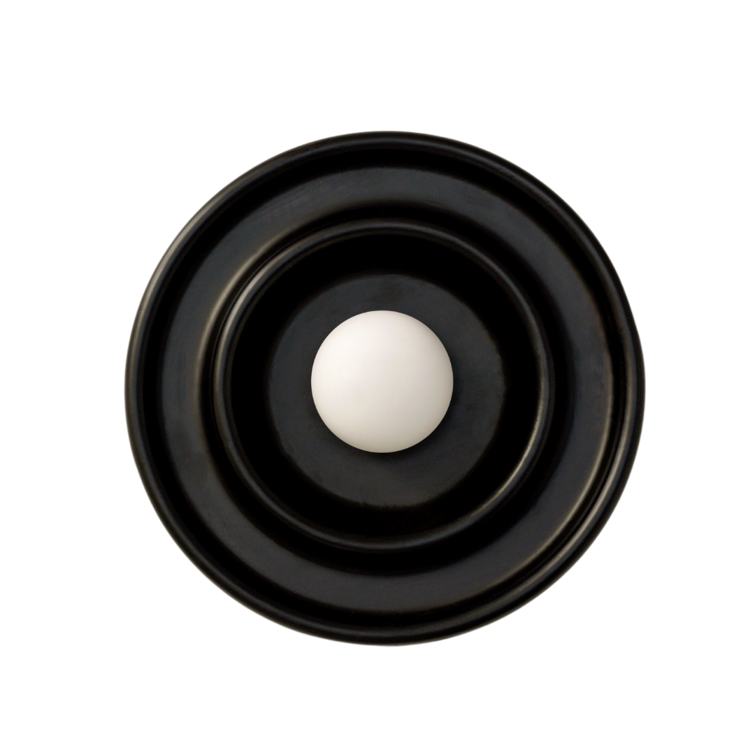 Discus Wall Light Black – reclaimed teak wood circular wall sconce with warm LED glow