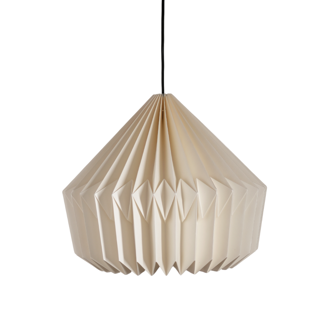 A modern pendant lamp with an origami-inspired geometric shape in an off-white color, featuring a hanging cable and a CE certified bulb.