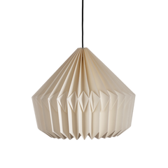 A modern pendant lamp with an origami-inspired geometric shape in an off-white color, featuring a hanging cable and a CE certified bulb.