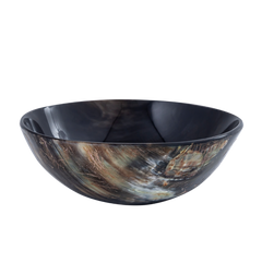 A small, round, beige and dark brown swirl pattern Bohor horn bowl.