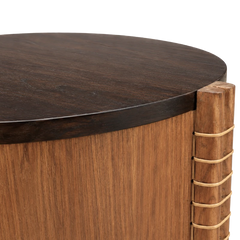 Kyvor Side Table close-up of dark wood circular top edge meeting a cane-bound white ash leg