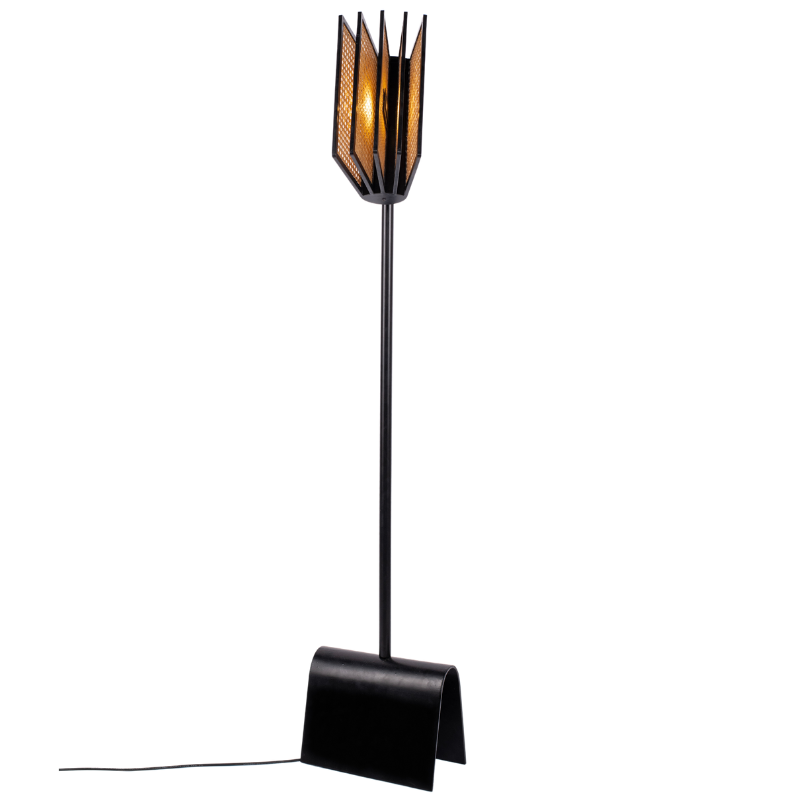 A unique wall lamp with a metal frame and hand woven cane in the shape of pages, casting a shadow on the floor.