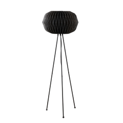 A modern floor lamp with a black origami-inspired linen shade and a black tripod stand.