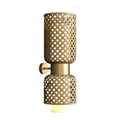 A modern Mianzi wall-mounted bamboo lamp with a geometric pattern with brass accent, compact form.