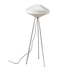 A silver nickel finish floor lamp with a fabric shade, featuring a sleek design and a knock-down base.