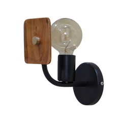 Side look of  wall-mounted Lodge Wooden Wall Sconce with a black finish, edison-style bulb and teak wood accents.