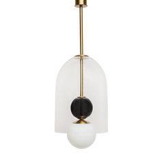 A pendant light fixture with a white glass globe and a metallic frame, hanging from the ceiling.