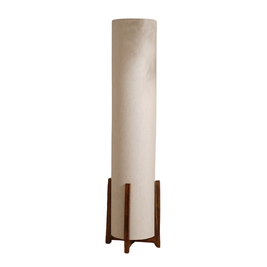 Four Finger Floor Lamp full view showing its mango-wood four-stand base and cylindrical shade
