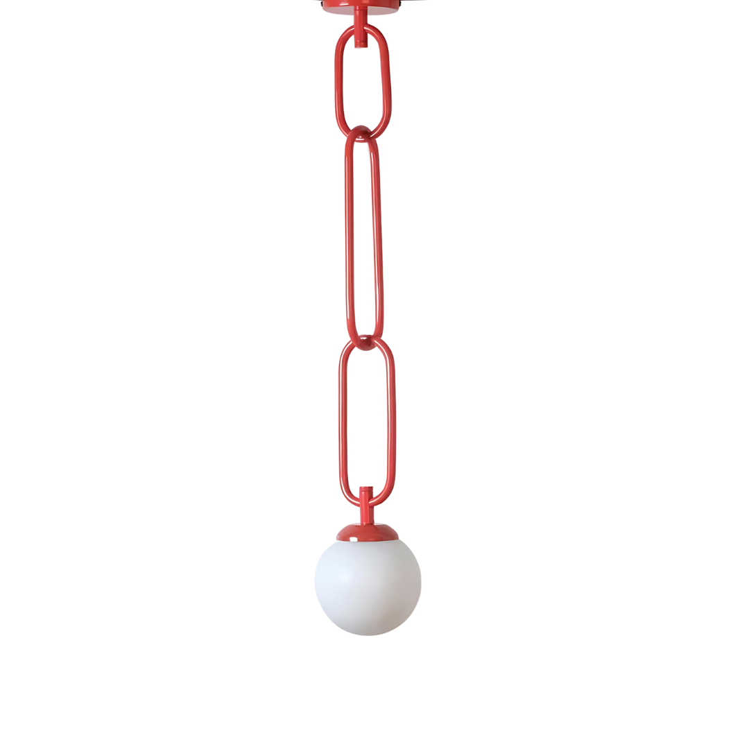 A red ceiling light fixture in the shape of interconnected torus links with a white glass diffuser at the bottom.