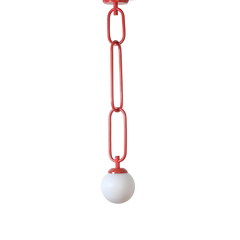 A red ceiling light fixture in the shape of interconnected torus links with a white glass diffuser at the bottom.