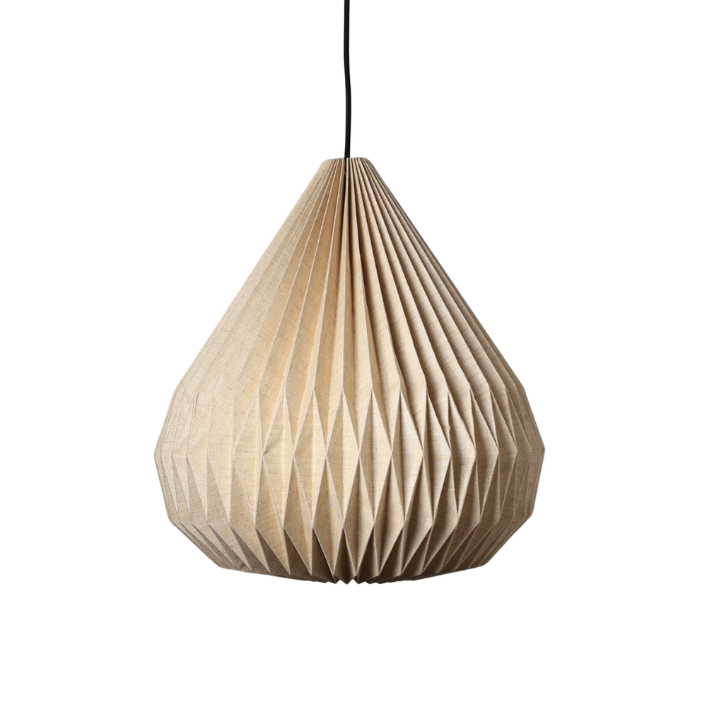 A beige, dome-shaped pendant lamp made from pleated European linen, suspended and illuminated against a dark background.