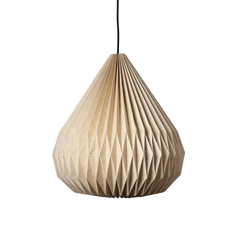 A beige, dome-shaped pendant lamp made from pleated European linen, suspended and illuminated against a dark background.