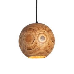 A round pendant lamp with a wooden light fixture and PVC coated wires, hanging from a black cord.