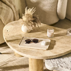 Focal Tray - Large - Cream Tray with Sunglasses on Travertine Coffee Table, Wide Room View
