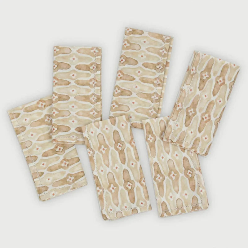 Mosaic Sand Cotton Table Napkins Set of 6 laid out, hand-painted lattice print