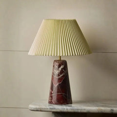 Japandi Table Lamp - Front View, Tapered Red Marble Base with White Veining