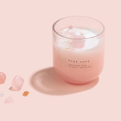 Crystal Energy U-Glass Candle - Blush - Moroccan Rose, blush ombre glass with rose quartz chips on top, soft pink backdrop
