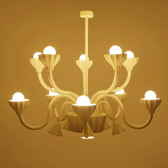Modern design chandelier with multiple light bulbs glowing