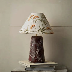 Florence Table Lamp - Front View, Floral Fabric Shade with Burgundy Marble Base
