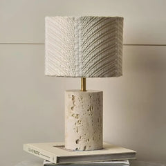 Terra Table Lamp - Front View, Textured Cream Drum Shade and Porous Travertine Base
