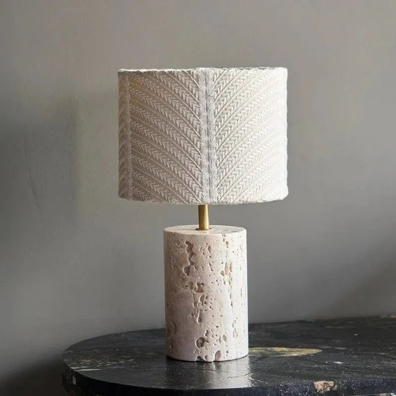 Terra Table Lamp - Styled on Dark Marble Side Table, Textured Drum Shade and Travertine Base