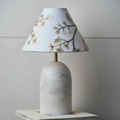 Luna Table Lamp - Front View, Floral Branch Print Shade and White Marble Base