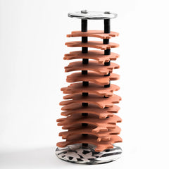 Wooden tiered stand with glass top on a white background