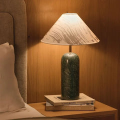 Plinth Table Lamp - Lit on Wooden Bedside Table, Green Marble Base