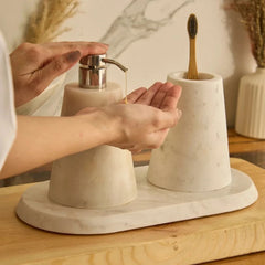 Neo White Dispenser Set - In Use, Hands Pressing Steel Pump at Bathroom Counter