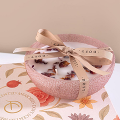 Scented Memories Wax Tablet & Bowl Candle · Gift Set of 2, close-up of pink bowl candle with dried petals and Doft ribbon