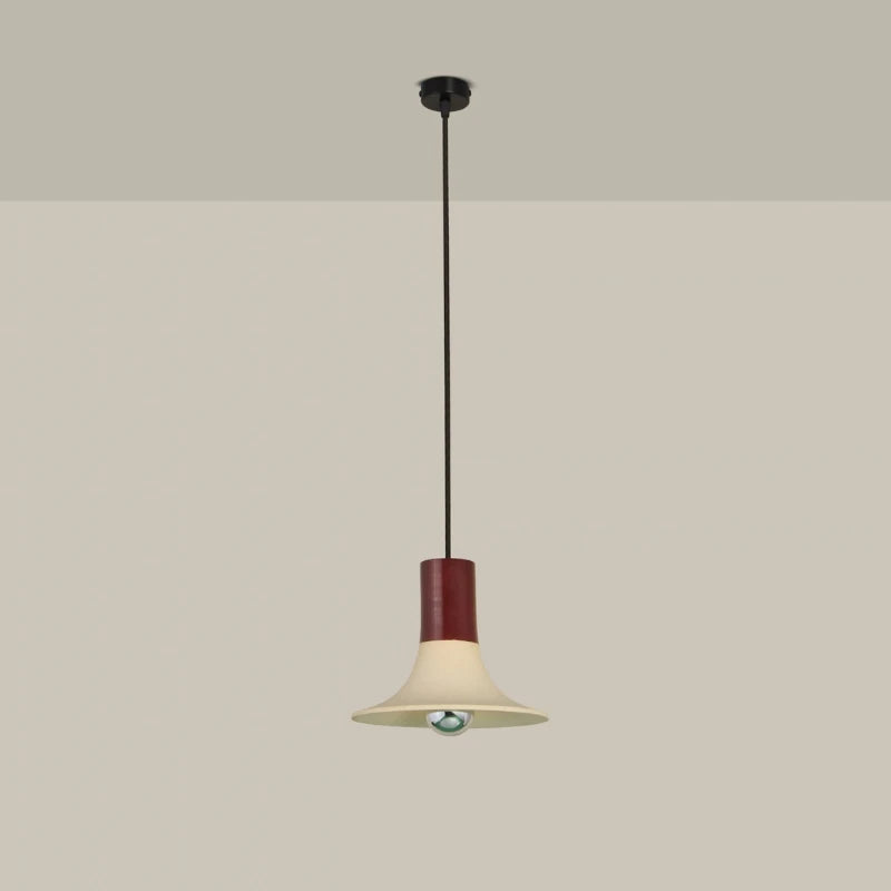 Wine Pendant Light with burgundy neck and cream ceramic shade on black cord, full view
