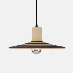 Pendant light with black striped design on a white background