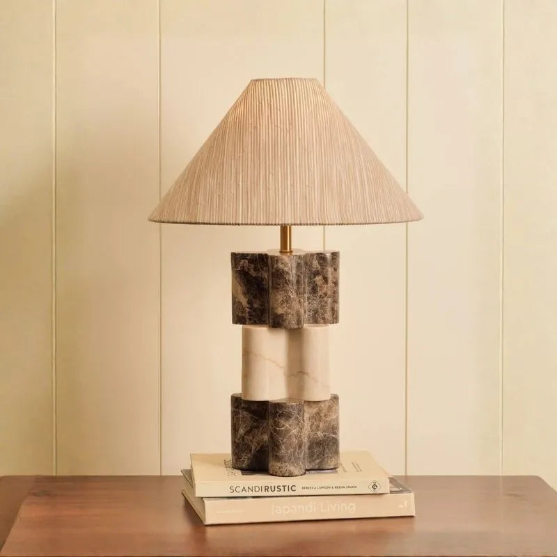 Soho Table Lamp - Stacked Brown and Cream Marble Base with Pleated Shade on Books