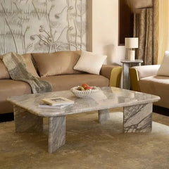 ORML Coffee Table - Grey Veined Marble in Living Room with Sofa and Rug